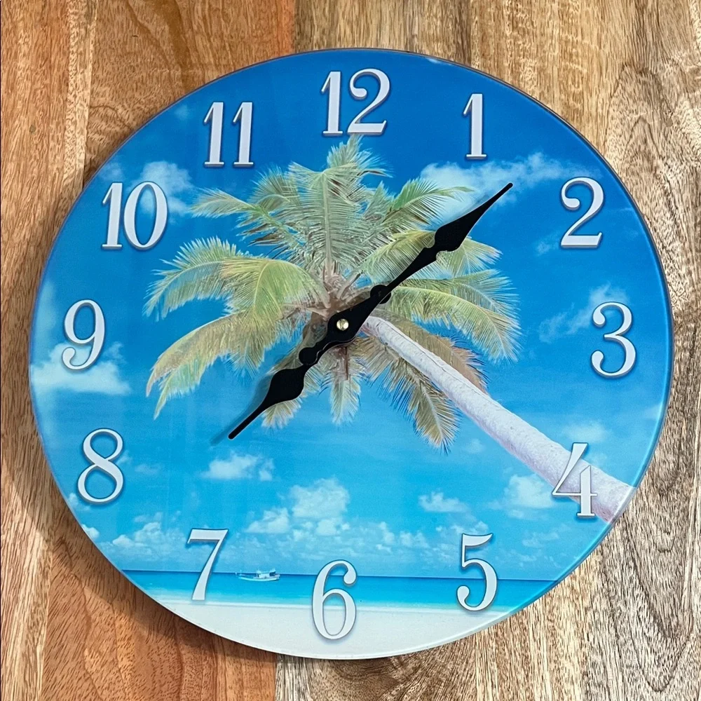 Tropical Glass Blue and White Wall Clock 13” round